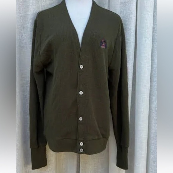 Izod Vintage Men's (Medium) Dark Green Eclectic Grandpa Preppy Cardigan Sweater - Picture 2 of 12
